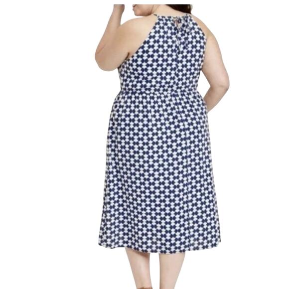 Ava & Viv Halter Linen Midi Dress Size 2X Blue Geometric Pockets Beachy Coastal - Picture 2 of 9